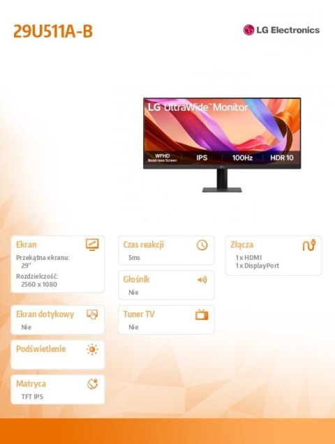 LG Electronics Monitor 29U511A-B 29 cali IPS UltraWide 21:9 WFHD