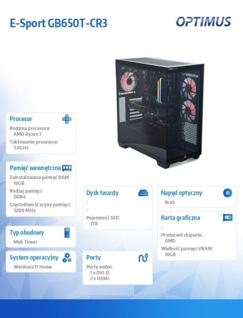 OPTIMUS Komputer E-Sport GB550T-CR10 Ryzen 7 5800X/16GB/1TB/RX 9060 XT 16GB/W11H