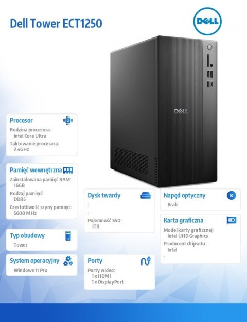 Dell Komputer Dell Tower ECT1250 Win11Pro U7 265/16GB/1TB SSD/UHD/WLAN + BT/Kb & Mouse/3YPS