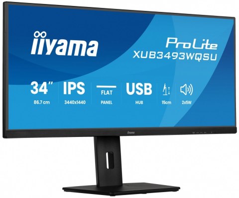IIYAMA Monitor ProLite 34 cale XUB3493WQSU-B6 IPS,UWQHD,DP,2xHDMI,HAS,21:9,400cd, 120Hz,1000:1,1ms, USB HUBx4, 2x5W,