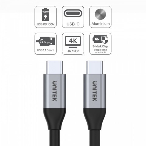 Unitek Kabel USB-C - USB-C PD 100W, 5Gbps, 4K60Hz, 2m, M/M; C14091ABK