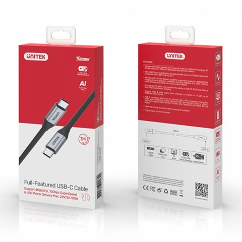 Unitek Kabel USB-C - USB-C PD, 10Gbps, 4K60Hz, 1m, M/M; C14082ABK
