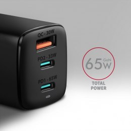 AXAGON ACU-DPQ65 Ładowarka sieciowa, GaN 65W, 3x port (USB-A + dual USB-C), PD3.0/QC4+/PPS/Apple, czarna