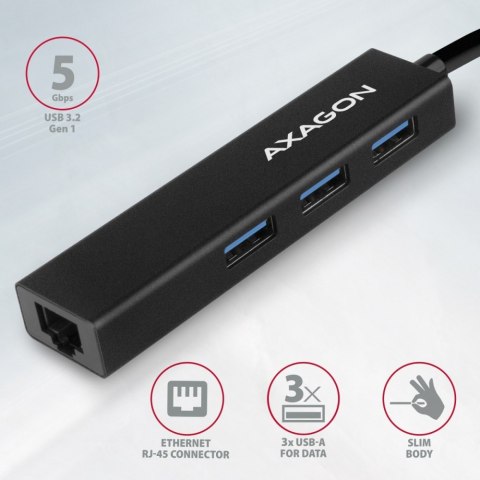AXAGON HMA-GL3A Wieloportowy hub USB 4in1, 5Gbps, 3x USB-A + GLAN, metalowy, 20cm USB-A kabel
