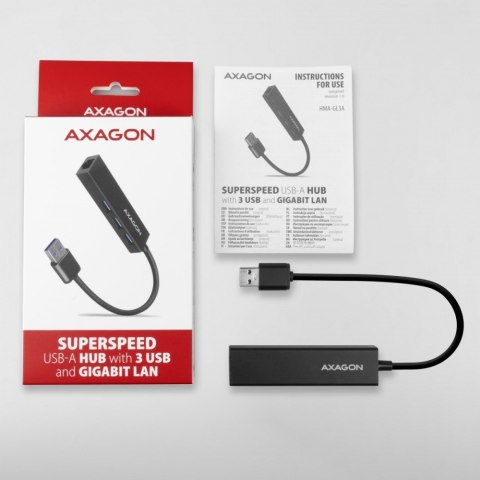 AXAGON HMA-GL3A Wieloportowy hub USB 4in1, 5Gbps, 3x USB-A + GLAN, metalowy, 20cm USB-A kabel