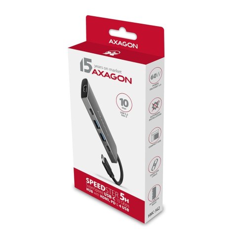 AXAGON HMC-5G2 Wieloportowy hub USB 5in1, 10Gbps, 2x USB-A + 2x USB-C + HDMI 4K/60Hz, PD 100W, 13cm USB-C kabel