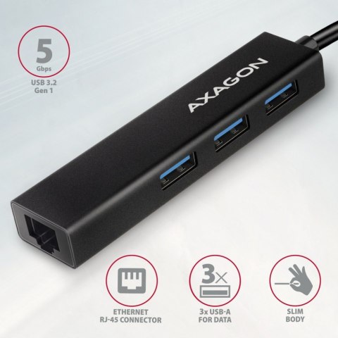 AXAGON HMC-GL3A Wieloportowy hub USB 4in1, 5Gbps, 3x USB-A + GLAN, 20cm USB-C kabel