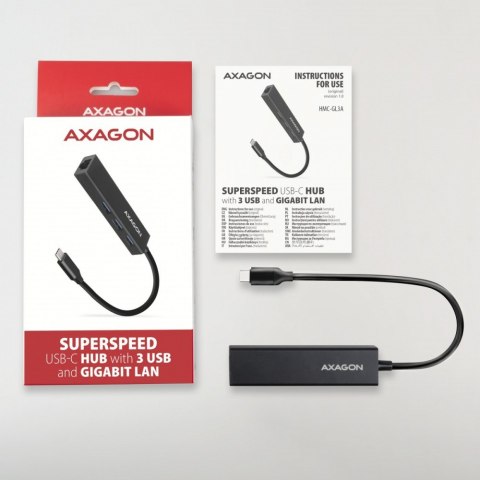 AXAGON HMC-GL3A Wieloportowy hub USB 4in1, 5Gbps, 3x USB-A + GLAN, 20cm USB-C kabel