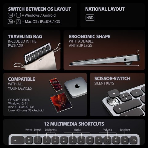 AXAGON Klawiatura HMC-KB-NRD USB-C 5Gbps z wieloportowy hub 9in1, SD/microSD, 3x USB-A, HDMI 4K/60Hz, PD 100W, Audio, Nordic layout, 60