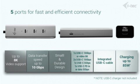 I-tec HUB USB-C Charging Metal 5 port with USB-C video 8K + Power Delivery 85W