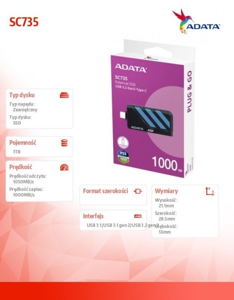 Adata Dysk SSD External SC735 1TB U3.2C 1000/1000MB/s Blue