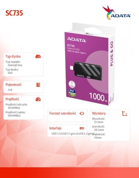 Adata Dysk SSD External SC735 1TB U3.2C 1000/1000MB/s Grey