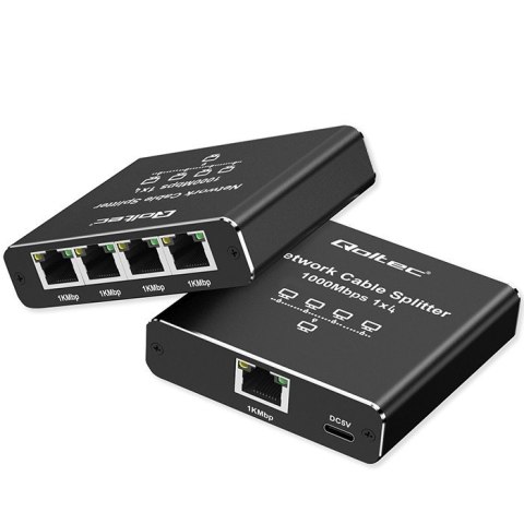 Qoltec Rozdzielacz splitter Ethernet mini SWITCH 1x4 RJ45 | 1000Mb/s | USB-C | Aluminium