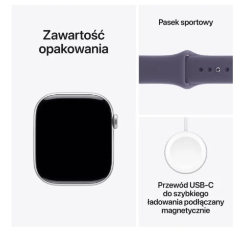Apple Watch Series 11 GPS koperta 46 mm z aluminium w kolorze srebrnym, pasek sportowy w kolorze mlecznego fioletu - rozmiar S/M