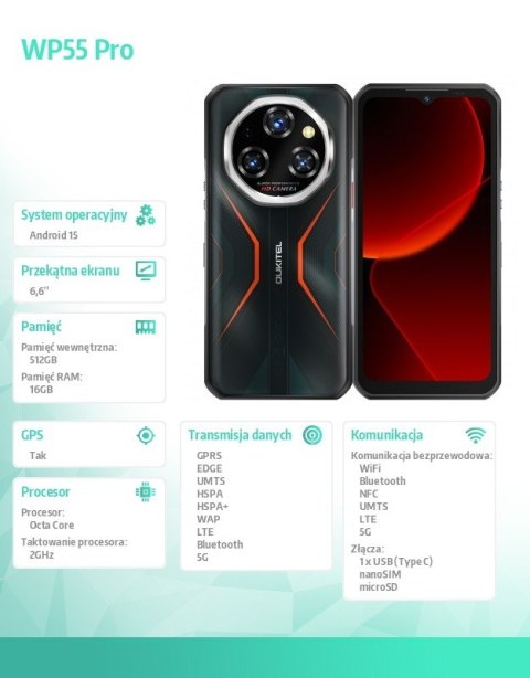 OUKITEL Smartfon WP55 Pro 5G 16/512GB IP69K Pomarańczowy