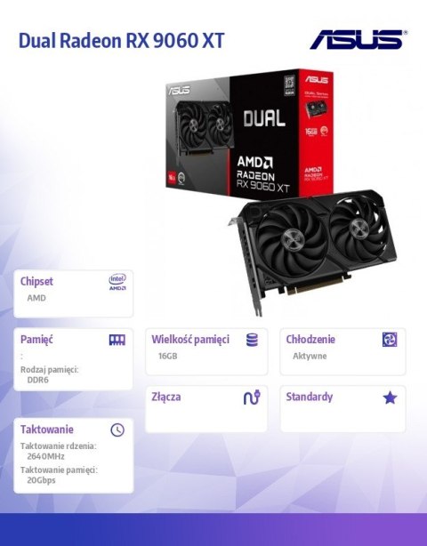 Asus Karta graficzna Dual Radeon RX 9060 XT 16GB GDDR6 DUAL-RX9060XT-16G