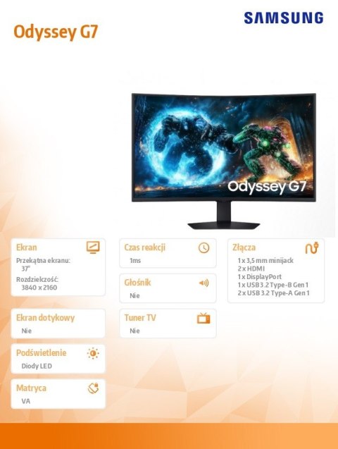 Samsung Monitor 37 cali Odyssey G7 G75F VA 3840 x 2160 UHD 16:9 2xHDMI 1xDP 1xUSB-B 2xUSB-A 1ms 165Hz zakrzywiony 3Yd2d (LS37FG750EUXEN)