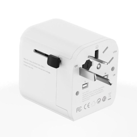 Adapter zasilania Gembird gniazdo EU - wtyk World z ładowarką 2x USB-A, 12W, GaN, biały