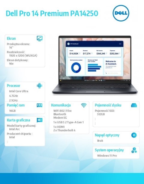 Dell Laptop Dell Pro 14 Premium PA14250 W11P U5-236V/16GB/512GB CL35/14.0 FHD+ 300nit/Arc/FgrPr/Cams&Mic/5G WWAN+BT/BcklKb/3C/vPro/3Y
