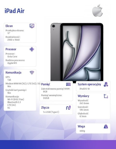 Apple IPad Air 11 cali WiFi + Cellular 512GB Szary