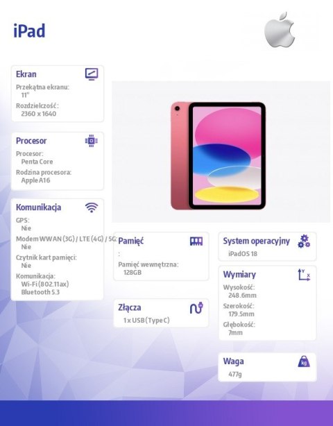 Apple IPad WiFi 11 cali 128GB Różowy