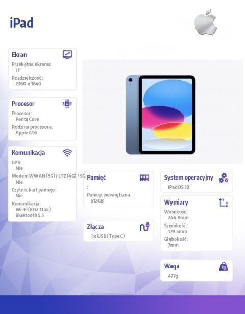 Apple IPad WiFi 11 cali 512GB Niebieski