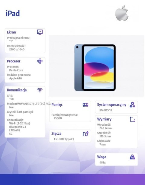 Apple IPad WiFi + Cellular 11 cali 256 GB Niebieski