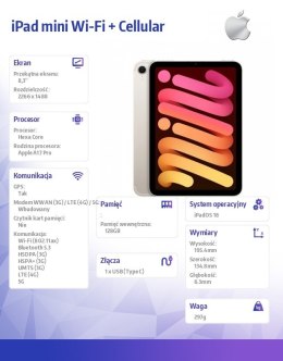 Apple IPad mini Wi-Fi + Cellular 128GB Księżycowa poświata