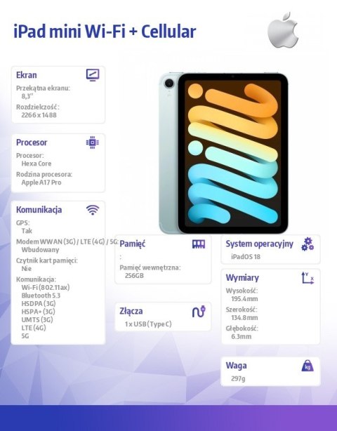 Apple IPad mini Wi-Fi + Cellular 256GB Niebieski