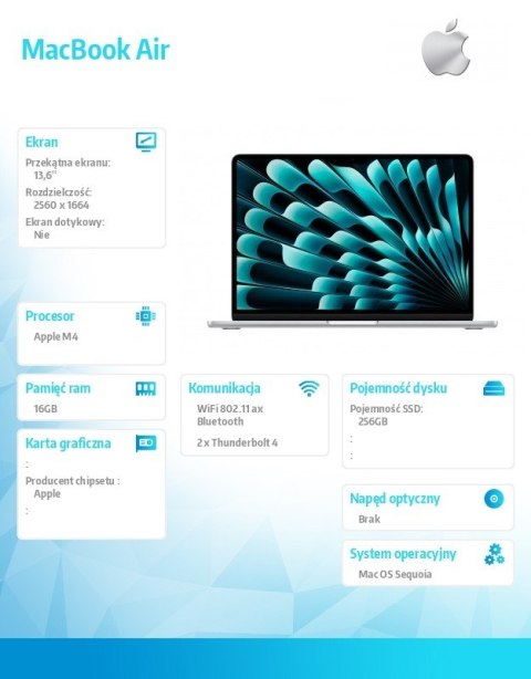 Apple MacBook Air 13 cali /8C GPU/16GB/ 256GB Srebrny