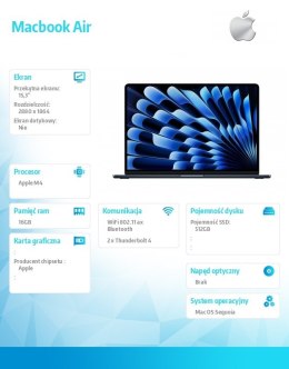 Apple MacBook Air 15.3 cala: M4 10/10, 16GB, 512GB, 35W - Północ - MW1L3ZE/A/D1