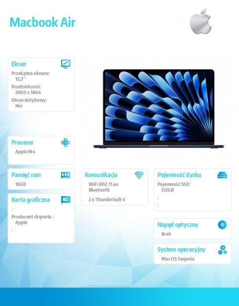 Apple MacBook Air 15.3 cala: M4 10/10, 16GB, 512GB, 35W - Północ - MW1L3ZE/A/D1