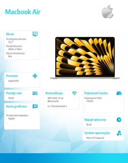 Apple MacBook Air 15.3 cala: M4 10/10, 16GB, 512GB - Księżycowa Poświata