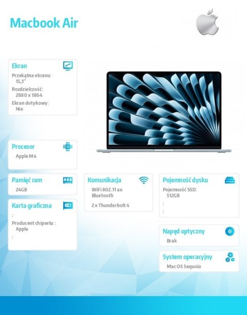 Apple MacBook Air 15.3 cala: M4 10/10, 24GB, 512GB - Błękitny