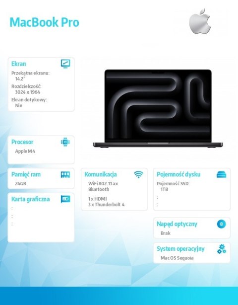 Apple MacBook Pro 14.2 cali: M4 10/10, 24GB, 1TB SSD - Gwiezdna czerń