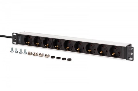 Digitus Listwa zasilająca PDU Rack 19", 9 gniazd Schuko CEE 7/3 (45°), kabel 2m wtyk IEC C20, 16A, aluminiowa