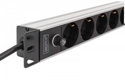 Digitus Listwa zasilająca PDU Rack 19" z bezpiecznikiem przeciążeniowym, 9 gniazd Schuko CEE 7/3 (45°), kabel 2m wtyk IEC C14, 10A, alum