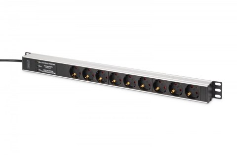 Digitus Listwa zasilająca PDU Rack (620mm) z zabezpieczeniem przeciwprzepięciowym + filtr EMI/RFI, 9 gniazd Schuko CEE 7/3 (45°), kabel 