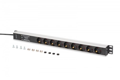 Digitus Listwa zasilająca PDU Rack (620mm) z zabezpieczeniem przeciwprzepięciowym + filtr EMI/RFI, 9 gniazd Schuko CEE 7/3 (45°), kabel 