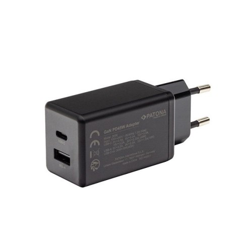 PATONA Premium Ładowarka GaN PD45W 1xUSB-C 1xUSB-A PD3.0 QC3.0 czarna