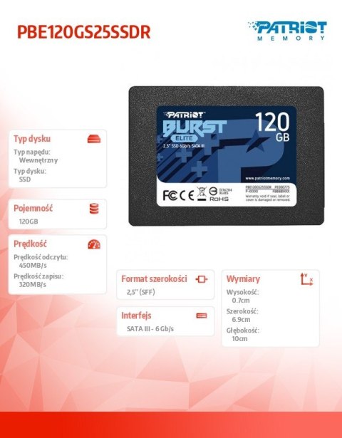 Patriot Dysk SSD 120GB Burst Elite 450/320MB/s SATA III 2.5