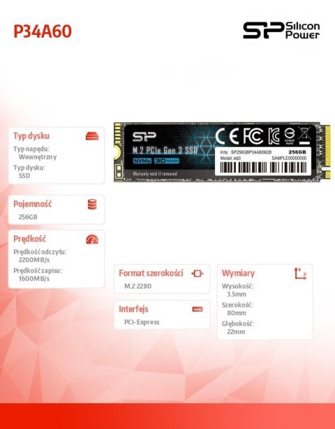 Silicon Power Dysk SSD A60 256GB M.2 PCIe 2100/1200 MB/s NVMe