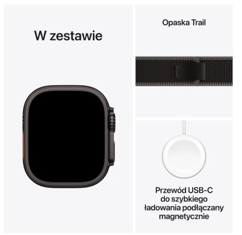 Apple Watch Ultra 3 GPS + Cellular koperta 49 mm z tytanu w kolorze czarnym, opaska Trail w kolorze czarnym/węgla drzewnego - rozmiar 
