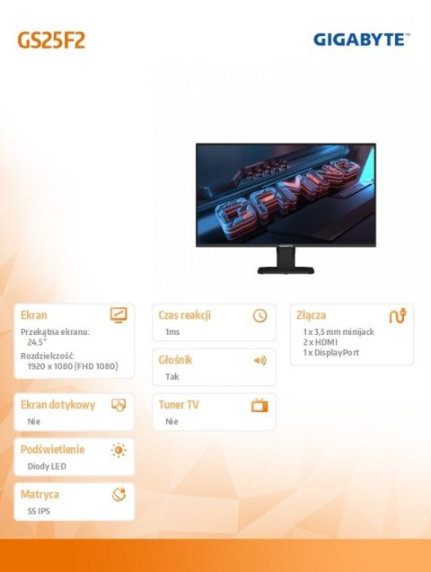 Gigabyte Monitor 24.5 cala GS25F2 IPS FHD HDMI DP 200HZ