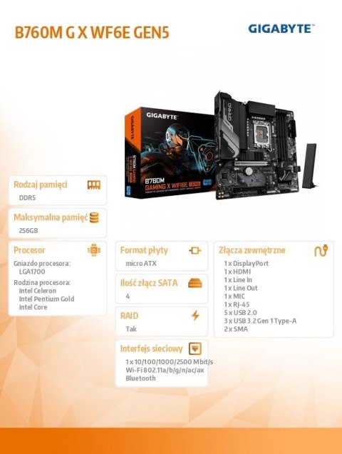 Gigabyte Płyta główna B760M GAMING X WIFI6E GEN5 S1700 4DDR5 mATX