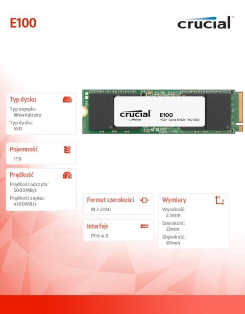 Crucial Dysk SSD E100 1TB M.2 NVMe 2280 PCIe 4.0 5000/4500 MB/s