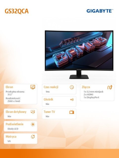 Gigabyte Monitor 31.5 cala GS32QCA GAMING VA QHD 180Hz DP HDMI