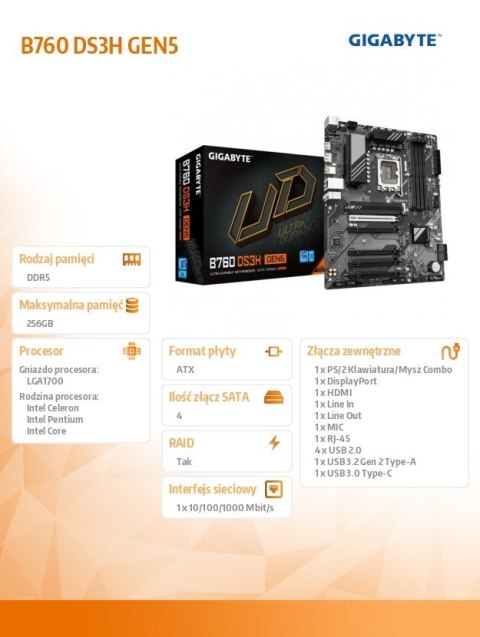 Gigabyte Płyta główna B760 DS3H GEN5 s1700 4DDR5 HDMI/DP ATX