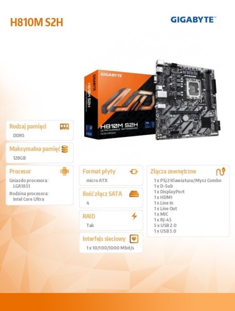 Gigabyte Płyta główna H810M S2H s1851 2DDR5 DP/HDMI/DSUB mATX