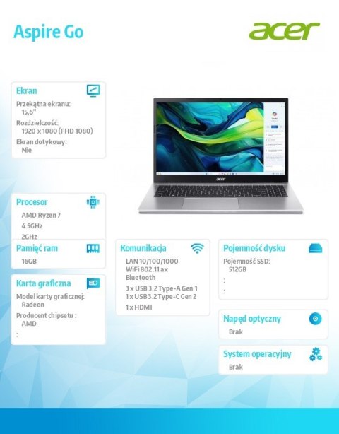 Acer Laptop Aspire Go 15 AG15-42P-R40Z Ryzen 7 5825U 15.6 FHD 16GB 512GB NoOS Srebrny